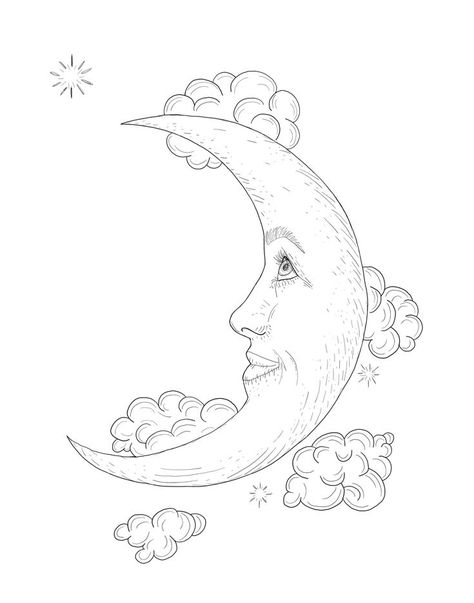 Moon And Clouds Drawing, Crescent Moon Face Tattoo, Vintage Moon Tattoo, Moon With Face Tattoo, Moon Face Tattoo, Crescent Moon With Face, Moon With Face, Crescent Moon Face, Clouds And Stars