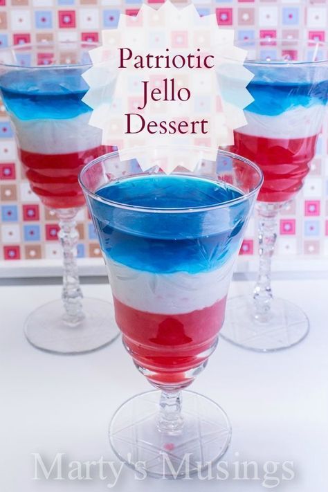 Patriotic Jello Dessert from Marty's Musings Jello With Cream Cheese, Jello Punch, Fourth Of July Jello, Frozen Jello, Patriotic Jello, Jello Dessert, Layered Jello, Jello Dessert Recipes, Jello Desserts