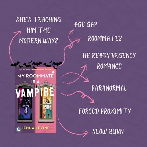 Pin that describes tropes of the book my roommate is a vampire. It says age gap, he reads regency novels, roommates, paranormal, forced proximity, slow burn, she's teaching him the modern ways The Roommate Aesthetic Book, My Roommate Is A Vampire Book, My Roommate Is A Vampire Aesthetic, Vampire Tropes, My Roommate Is A Vampire, Vampire Books To Read, Books Like Twilight, Vampire Novels, Vampire Book