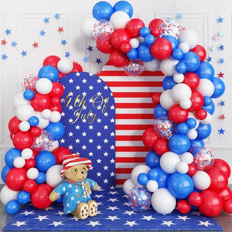 PRICES MAY VARY. 【Independence day Balloon Arch】include 25 x 10 inch red, 25 x 10 inch dark blue, 20 x 10 inch white, 6 x 12inch blue red confetti balloons, 10 x 5inch red, 10 x 5inch dark blue, 10 x 5inch white, 1 * balloon chain; 1 * dispensing,1 * ribbon. 【Premium Material】Our 4th of July blue red balloons arch are made of high quality latex. Durable and safe for long time. And the balloon is so eye-catching and beautiful at your party. There will be no problems with the quality of the color. Captain America Birthday Party, Patriotic Decorations Party, Independence Day Decoration, Garland Arch, 4th Of July Decorations, Red Balloon, White Balloons, Arch Kit, Blue Balloons