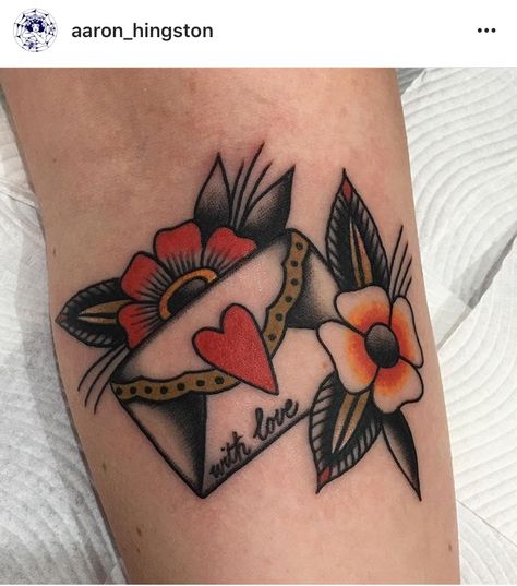 Old School Family Tattoo, Romantic Traditional Tattoo, Traditional Tattoo Envelope, Heart Envelope Tattoo, Jewels Tattoo, Envelope Tattoo, Heart Flower Tattoo, Western Tattoo, Tattoos Heart