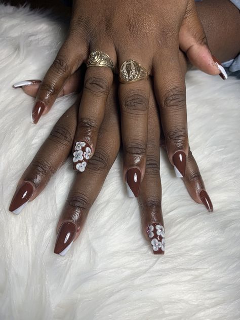 Chocolate Nails, Shower Nails, Baby Shower Nails, Nails Brown, Brown Decor, Brown Flowers, Nails Desing, Brown Nails, White Nails