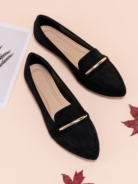 Black Fashionable    Plain Loafers Embellished   Women Shoes Interview Shoes, Business Casual Shoes, Work Shoes Women, Professional Shoes, Women Flats, Office Shoes, Business Shoes, Womens Summer Shoes, Girly Shoes