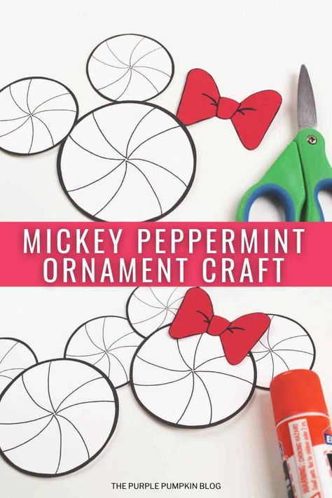 Minnie Mouse Craft Ideas, How To Make Mickey Mouse Ornaments, Peppermint Ornaments For Kids, Peppermint Crafts For Kids, Disney Christmas Printables Free, Disney Christmas Crafts For Kids, Peppermint Candy Template Free Printable, Peppermint Template, Mickey Ornaments Diy