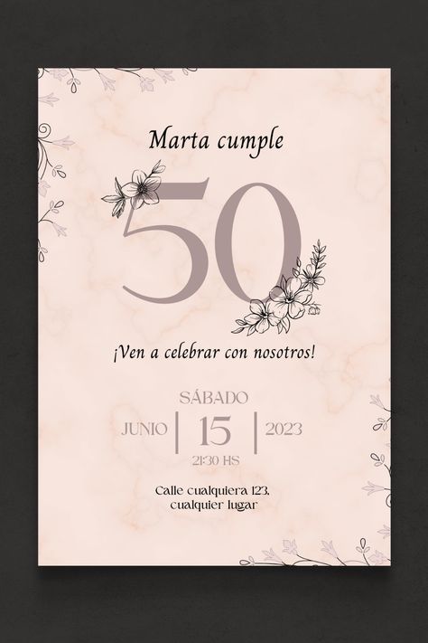 ¡Diseño es 100% editable! Puedes crear tu invitación para imprimir, o enviar por Whatsapp. Es de estilo ELEGANTE y DELICADO. Ideal para cumpleaños de 50 años. Pastel Template, Printable Invitation Templates, Pastel Designs, Fun Birthday Party, Engagement Ceremony, Birthday Template, Printed Invitations, 60th Birthday, Birthday Fun