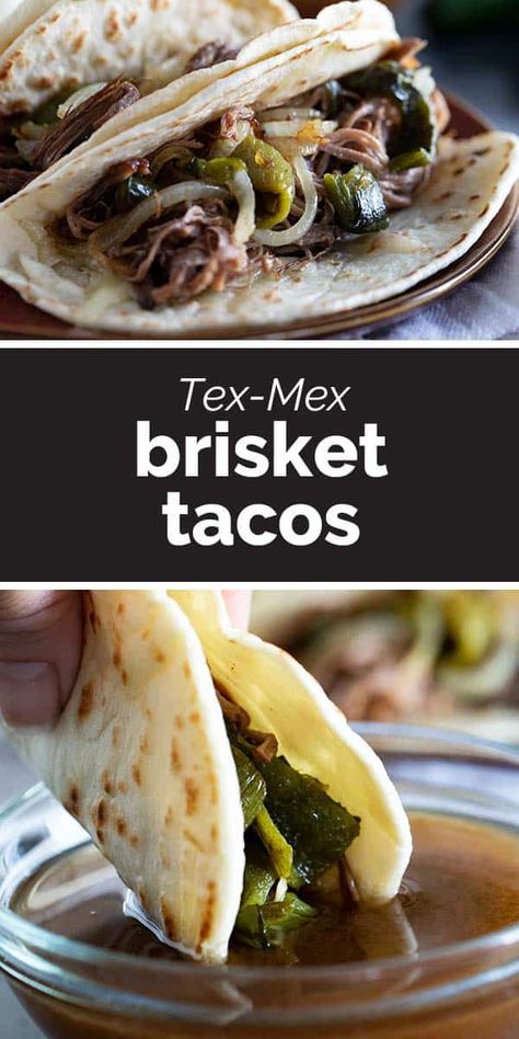 The ultimate Tex-Mex tacos, beef brisket is slow cooked and served on tortillas with cheese and sautéed onions and peppers, then served alongside the pan juices for dipping. These tacos are simply unforgettable! Brisket Tacos Recipe, Beef Brisket Tacos, Mexican Salsa Recipes, Sautéed Onions, Taste And Tell, Brisket Tacos, Homemade Flour Tortillas, Delish Recipes, Tacos Beef