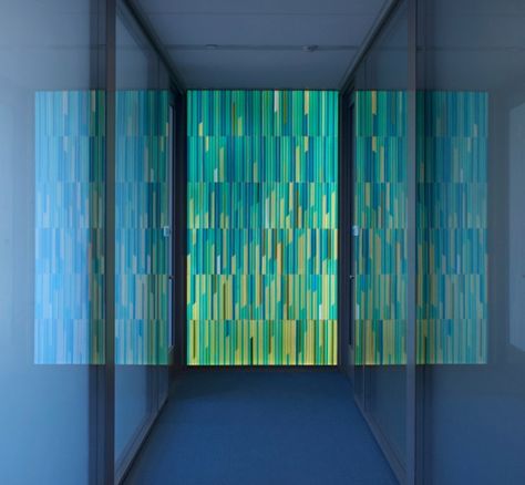 Art glass wall by Paul Housberg; Princeton University, Frick Chemistry Lab, 3rd floor, north Bungalow Interior, Chemistry Lab, Wall Graphic, Wayfinding System, Geometric Abstraction, Painted Glass Art, Experience Center, Inspiring Interiors, Princeton University