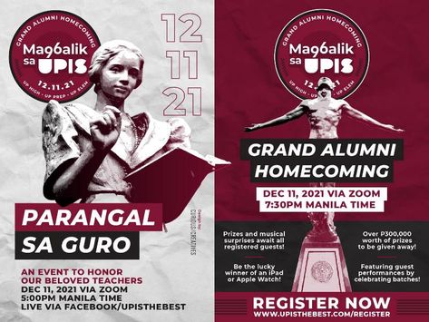 The 2021 UPIS Grand Alumni Homecoming is not just a year-end celebration, but also an opportunity to look… Alumni Homecoming, Fundraising Activities, Online Event, Alma Mater, Homecoming, To Look, Graphic Design, Education, Celebrities