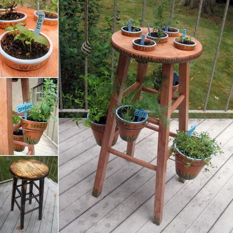 WhatToDoWithOld What To Do With Old Bar Stools? Stool Repurpose, Bar Stools Repurposed, Stool Bedside Table, Beautiful Planters, Bar Stool Makeover, Painted Bar Stools, Stool Ideas, Stool Makeover, Stool Softener