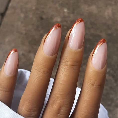 Nails With Terracotta Dress, Rust Orange French Tip Nails, Orange Dress Nails, Gel X Nails Round, Copper French Tip Nails, Burnt Orange Wedding Nails, Trending French Nails, Burnt Orange French Tip, Nails For Orange Dress