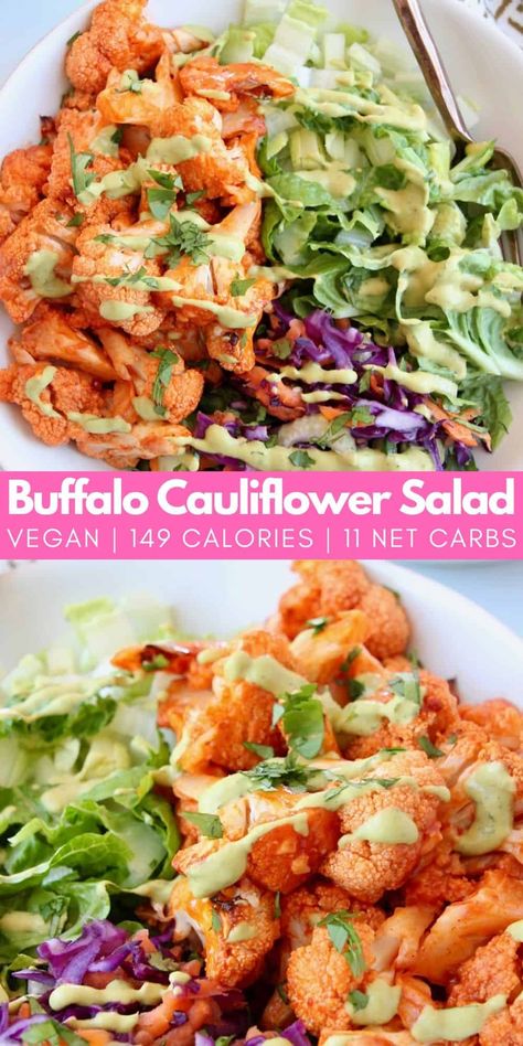 Get all of the flavor of your favorite chicken wings, in this healthy, vegan salad recipe! Baked buffalo cauliflower bites top this scrumptious salad, tossed in a creamy poblano ranch dressing. It's gluten free, low calorie and keto-friendly. And it's easy to make in just 30 minutes! Vegan Buffalo Salad, Gluten Free Dairy Free Low Calorie Meals, Low Calorie Recipes Pescatarian, Low Calorie Vegan Lunch, Low Cal Cauliflower Recipes, Vegetarian Low Calorie Recipes, Vegan Low Calorie Recipes, Low Calorie Vegan Recipes, Low Calorie Salads