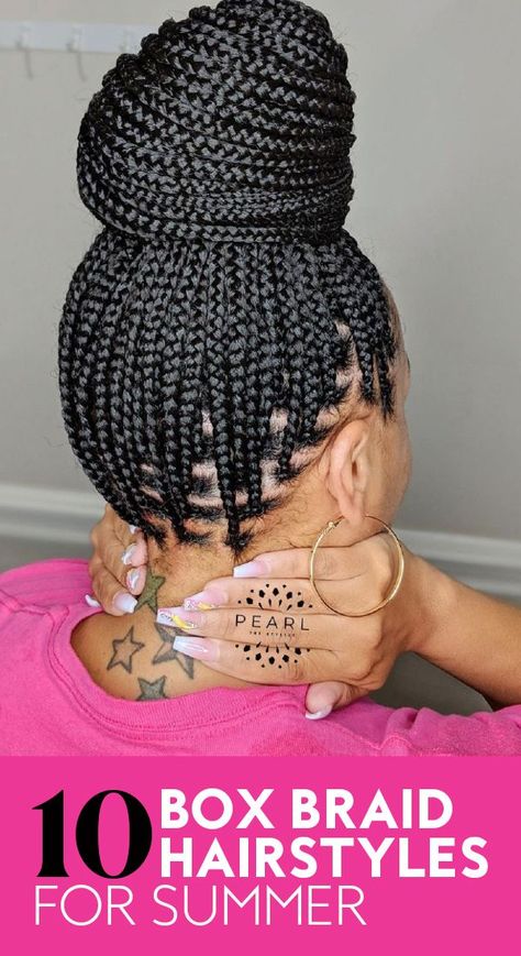 First Time Getting Box Braids, Box Braid Updo For Black Women, How To Put Braids Up In A Bun, Box Braids Updo For Black Women, Box Braid Bun Styles, Braid Bun For Black Women, Box Braids Bun Hairstyles, Ghana Braids Updo, Updo Box Braids