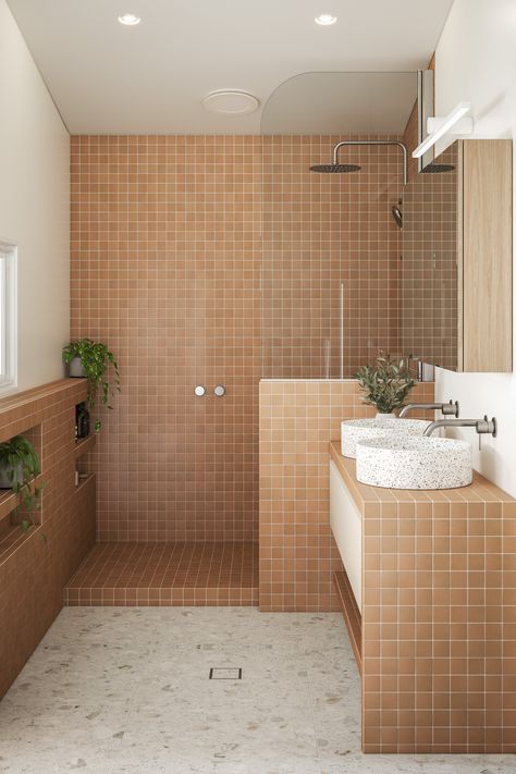 Casual Bathroom room ideas. Terracotta Dream Bathroom. By Temple & Webster Terracotta And White Bathroom, Olive Tile Bathroom, Terracotta Bathrooms, Bathroom Room Ideas, Terracotta Bathroom Ideas, Terracotta Tiles Bathroom, Earth Tone Bathroom, Casual Bathroom, Terracotta Bathroom