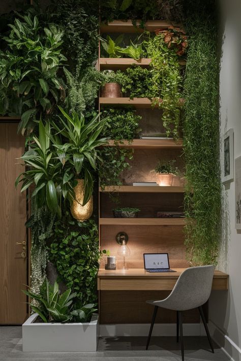 Design a serene wall featuring live plants, wooden shelves, and soft lighting. This nature-inspired decor creates a tranquil retreat right in your home. #NatureInspired #LivingWall #GreeneryDecor #WoodenShelves #HomeSanctuary #BiophilicDesign #PeacefulHome #IndoorPlants #TranquilSpaces #WallDesign Earthy Home Interior, Plant Wall Indoor, Houseplant Display, Indoor Plant Wall, Earthy Home, Greenery Decor, Tranquil Retreat, Peaceful Home, Nature Inspired Decor