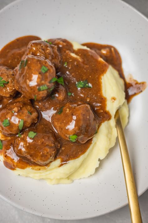 Meatball In Gravy Recipes, Gravy Recipe For Meatballs, Turkey Meatball And Gravy Recipes, Meatball Recipes Gravy, Meatball With Gravy Recipes, Meatball Mashed Potatoes Gravy, Oven Baked Meatballs And Gravy, Pork Meatballs And Gravy, Mashed Potatoes With Meatballs