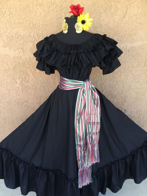 The style makes it suitable to fit several size, such as S/M/L. This dress is a unique one of a kind style. SASH INCLUDED!! Sash can be folded to your choice of width. You can also wear it as a rebozo on your shoulders. | eBay! Black Mexican Wedding, Black Dress Off Shoulder, Wedding Black Dress, Black Dress Accessories, Mexican Quinceanera Dresses, Traditional Mexican Dress, Mexican Wedding Dress, Fiesta Dress, Purple Wedding Dress