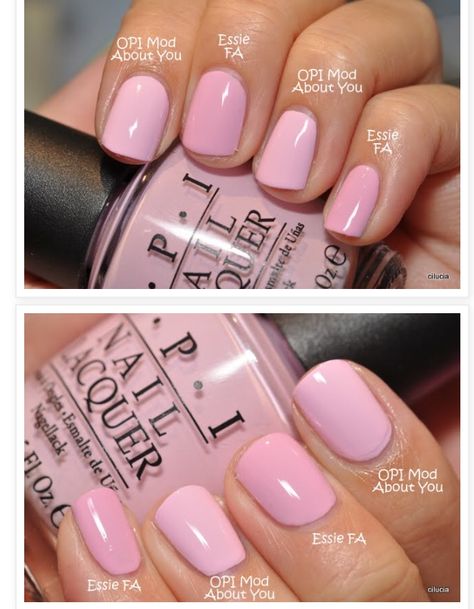 Pretty pink polishes! Essie French Affair and OPI Mod About You! Opi Pink Colors Shades, Essie French Affair, Professional Pink Nails, Opi Pink A Doodle, Opi Gel Polish Colors Neutral Pink, Shades Of Pink Nail Polish, Baby Pink Polish, Opi Pinking Of You, Opi I Think In Pink