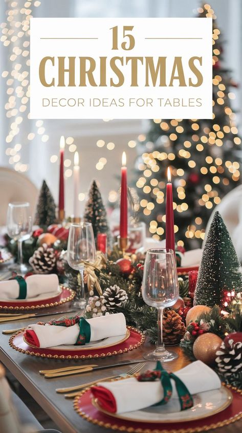 Festive holiday table with red candles, pinecones, and greenery. Elegant table settings with napkins tied in green ribbon. Christmas lights in the background. Cheap Table Decor, Diy Christmas Table Decor, Table Decor For Christmas, Christmas Table Set Up, Christmas Table Decor Ideas, Christmas Table Decorations Diy, Diy Christmas Table, Simple Table Settings, Cheap Table