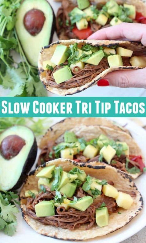 Tri tip is slow cooked in a sweet & spicy pineapple sriracha sauce, then turned into THE BEST shredded beef tacos, in this easy Mexican crockpot recipe! These Tri Tip Tacos are delicious topped with fresh pineapple and avocado, or Grilled Pineapple Guacamole! Use the leftovers to make epic steak and eggs for breakfast, nachos for game day or more delicious tacos! Tri Tip Tacos, Slow Cooker Tri Tip, Mexican Crockpot, Slow Cooker Shredded Beef, Shredded Beef Tacos, Mexican Shredded Beef, Spicy Pineapple, Easy Taco Recipes, Mexican Side Dishes