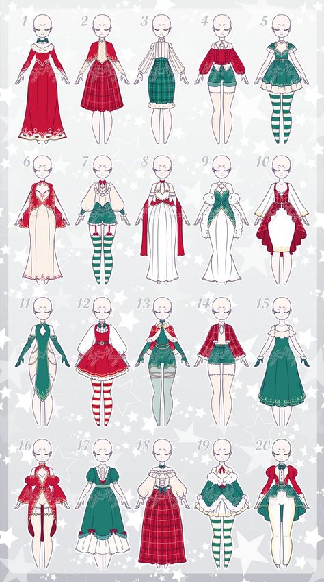 Chibi Christmas Clothes, Christmas Clothing Drawing, Christmas Outfit Ideas Drawing, Christmas Outfit Drawing Reference, Anime Christmas Outfit, Christmas Clothes Drawing, Christmas Outfits Drawing, Christmas Outfit Anime, Christmas Dress Drawing