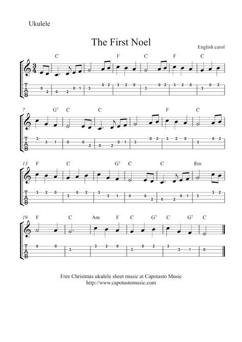 Free Sheet Music Scores: Free Christmas ukulele sheet music - The First Noel Christmas Ukulele Songs, Beginner Sheet Music, Ukulele Tablature, Ukulele Sheet Music, Ukulele Fingerpicking Songs, Christmas Ukulele, Ukulele Tabs Songs, Sheet Music For Beginners, Ukelele Chords Ukulele Songs