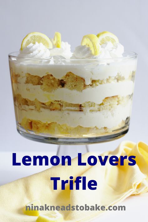 This lemon trifle has layers of lemon cake, lemon curd and lemon Bavarian cream - A perfect dessert for anyone that loves lemons!  #lemontrifle #summerdessert #dessertforacrowd Lemon Cream Trifle, Lemon Curd Trifle Recipes, Lemon Trifle Recipes Layered Desserts, Lemon Trifle Recipes, Easter Trifle Desserts, Dessert Trifle, Lemon Trifle, Trifle Bowl Recipes, Trifle Dessert Recipes