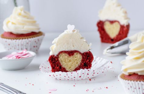 Heart Red Velvet Cupcakes | Baking Is Therapy Baking Therapy, Piping Frosting, Valentine's Day Food, Good Food Good Mood, Valentine's Day Treats, Vanilla Buttercream Frosting, Small Cakes, Elegant Desserts, Velvet Cupcakes