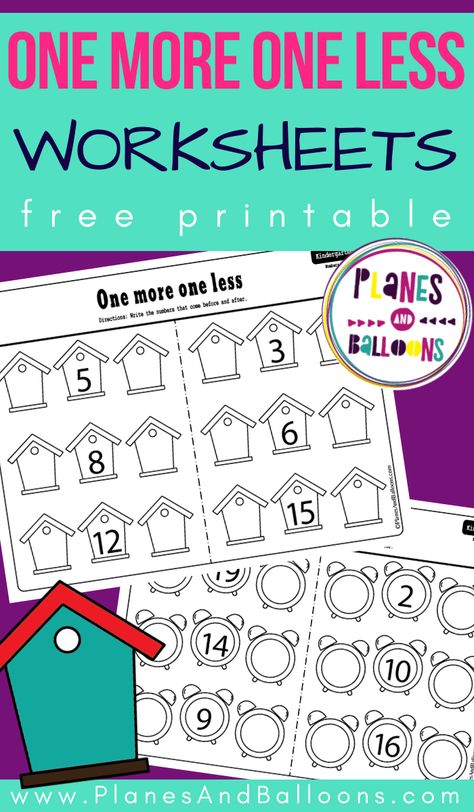 One more one less kindergarten math worksheets - early addition skills for preschool and kindergarten. #kindergarten #math #planesandballoons Adding One More Kindergarten, Less Or More Kindergarten, One More One Less Kindergarten, Number Relationships Kindergarten, More Less Equal Kindergarten Worksheets, Fewer And More Kindergarten Math, More Or Less Kindergarten, Practice Writing Numbers, Reading Support