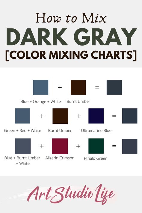 Learn how to mix dark shades of gray, with the color charts in the article here🎨 Gray is an incredibly useful color mixture and there are so many ways to create different shades of gray (aside from simply mixing black and white together)... Learn how to mix gray, along with what colors make more interesting shades of gray - that you can use for your painting👩‍🎨 Mixture Of Colors Paint, Colors That Go With Black And Gray, How To Make Grey Color Paint, How To Mix Grey Paint, How To Make Gray Color, How To Make Black Color Paint, How To Make Gray Color Paint, How To Make Grey Color, How To Make Colours Paint