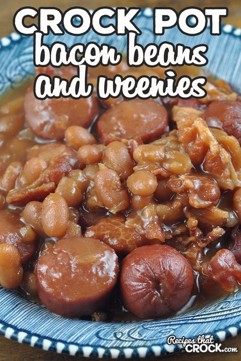 This Bacon Crock Pot Beans and Weenies recipe is super yummy and absolutely delicious! You are going to love this amped up side dish! Amazing! via @recipescrock Weenies Recipe, Crock Pot Beans, Beans And Weenies, Bake Beans, Beanie Weenies, Pot Beans, Baked Beans Crock Pot, Crockpot Side Dishes, Slow Cooker Baked Beans