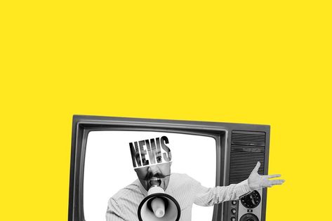 Breaking news. Contemporary art collage. Excited man sticking out from retro tv set isolated on yellow background. Concept of art, surrealism, news, sales, info, discount. Copy space for ad Tv Collage Art, News Collage, Tv Collage, Social Media Impact, Bra Fashion, Art Surrealism, Tv Set, Tv Sets, Social Media Design Inspiration