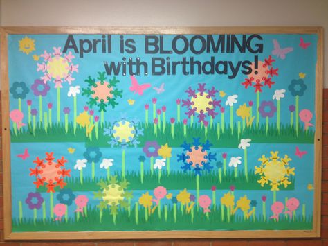 Bulletin Board for April Birthday. I think I used over 1000 staples by shoving as many flowers as possible, it was too much fun. April Birthday Bulletin Boards, April Bulletin Board Ideas For Work, March Birthday Bulletin Boards, March Birthday Bulletin Board Ideas, May Birthday Bulletin Board Ideas, School Birthday Bulletin Boards, April Birthday Board, April Birthday Bulletin Board Ideas, April Birthday Board Ideas