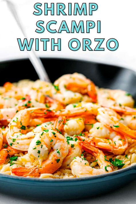 Indulge in the exquisite flavors of our Shrimp Scampi with Orzo recipe! This mouthwatering dish combines succulent shrimp, sautéed in garlic-infused butter, with a bed of perfectly cooked orzo pasta. Shrimp Scampi Orzo Recipes, Garlic Butter Prawn Orzo, Lemon Shrimp Orzo Recipes, Garlic Orzo Tuscan Shrimp, Shrimp Recipes Orzo, Orzo Seafood Recipes, Shrimp Scampi Orzo, Seafood Orzo Recipes, Shrimp With Orzo Recipes