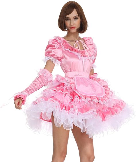 Maid Outfit Cosplay, Satin Dresses Long, Shiny Dress, Pink Satin Dress, Vintage Slip Dress, Puffy Dresses, Frilly Dresses, Shiny Dresses, Maid Outfit