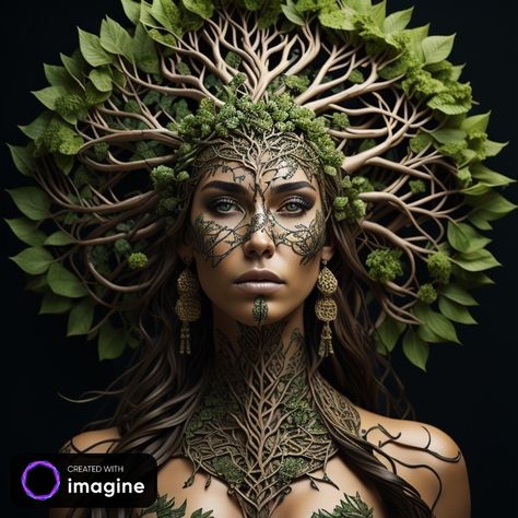 Nature Goddess Makeup, Tree Headdress, Mother Earth Makeup, Black Mother Nature, Mother Earth Costume, Mother Nature Costume Makeup, Earth Queen, Dryad Costume, Tree Goddess