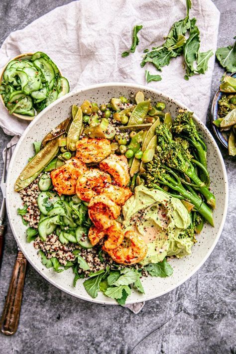 Green Goddess Shrimp Bowl, Prawn Budda Bowl, Green Goddess Bowl, Shrimp Quinoa Bowl, Goddess Bowl, Food Recipe Healthy, Shrimp Quinoa, Salad With Shrimp, Herb Vinaigrette