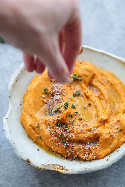 Sweet Potato Hummus with Tahini and Homemade Za-atar | Pinned to Nutrition Stripped | Snack Hummus Ideas, Hummus With Tahini, Sweet Potato Hummus Recipe, Clean Appetizers, Sweet Potato Dip, Veggie Dips, Roasted Yams, Potato Hummus, Healthy Dip Recipes