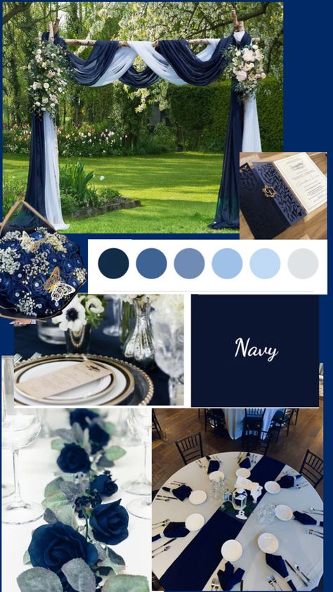 Blue And Black Theme Wedding, Marine Blue Wedding Theme, Navy Blue And Gold Wedding Backdrop, Navy Theme Wedding, Dark Blue Themed Wedding, Wedding Ideas Dark Blue, Shades Of Blue Wedding Decor, Light And Dark Blue Wedding, Navy And Silver Wedding Theme