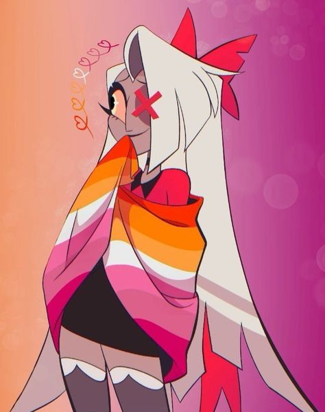 Hazbin Hotel Pride Month, Vaggie Redesign, Lesbian Flag Art, Vaggie Pfp, Vaggie Fanart, Hazbin Hotel Vaggie, Hotel Trivago, Lesbian Flag, Lesbian Art