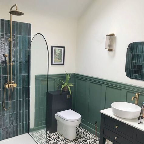 Hoxton Bottle Green Tiles, Terraced Bathroom Ideas, Teal Green Tile Bathroom, Terrace Bathroom Ideas, Green En Suite Bathroom, Teal Shower Tile Bathroom, Patterned Bathroom Tiles Wall, Mixed Tiles Bathroom, Mandarin Stone Bathroom