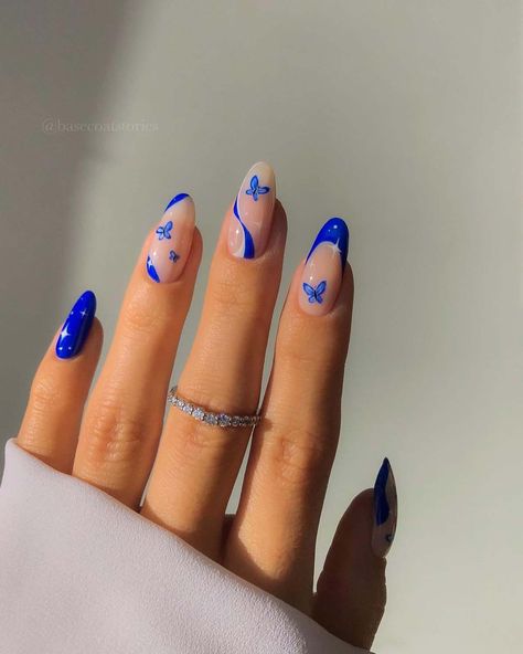 16. Blue Nail Art Designs, Blue And White Nails, Butterfly Nail Designs, January Nails, Butterfly Nails, Long Acrylic Nail Designs, Summer Toe Nails, Vibrant Nails, White Nail