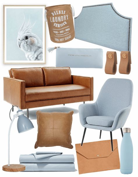 tan and baby blue homewares mood board on tlc interiors blog Tan And Light Blue Aesthetic, Pastel Blue Interior, Tan Couch Blue Accents, Blue And Brown Interior Design, Beige Sofa Blue Cushions, Baby Blue Sofa Living Room, Blue Sofa Mood Board, Blue And Beige Mood Board, Baby Blue Decor