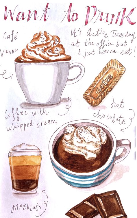 Hot Chocolate Sketch, Hot Chocolate Watercolor, Hot Chocolate Drawing, How To Do Drawing, Watercolour Food, Cocoa Drink, Recipe Drawing, Foodie Art, Watercolor Cake