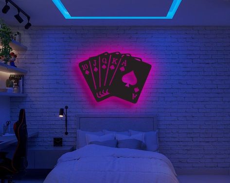 #NeonSigns #BrightIdeas #NeonSignNames #NeonInspiration #NeonRoom #RoomDecor Neon Wall Sign Living Rooms, Signs For Room Bedrooms, Led Wall Art Living Room, Dark Neon Apartment Aesthetic, Gambling Room Ideas, Casino Themed Bedroom, Card Room Ideas, Casino Room Decor, Neon Light Wall Art