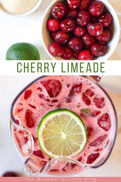 This sweet and refreshing cherry limeade is made from scratch using real cherries and freshly squeezed lime juice. Served over ice this fruity and kid-friendly drink has the perfect balance of cherry and lime flavors. It is absolutely delicious and ideal for any hot summer day! Cherry Agua Fresca, Refreshing Meals For Summer, Fresh Cherry, Meals For Hot Summer Days, Cherry Limeade Recipe, Fruity Summer Drinks, Drinks Alcohol Recipes Easy, Cherry Drink, Limeade Recipe