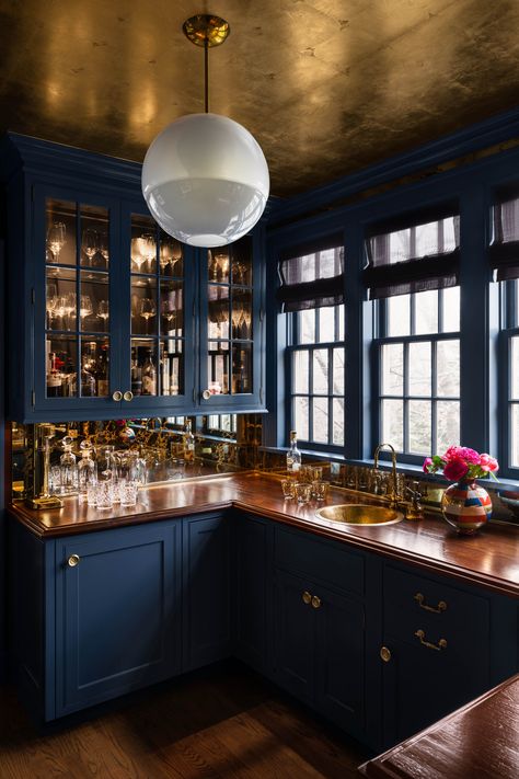 Bronxville New York, Kitchen Vibes, Blue Interiors, Deco Kitchen, Home Bar Rooms, Shingle Exterior, Dream Kitchens, Wood Counter, New York Apartment