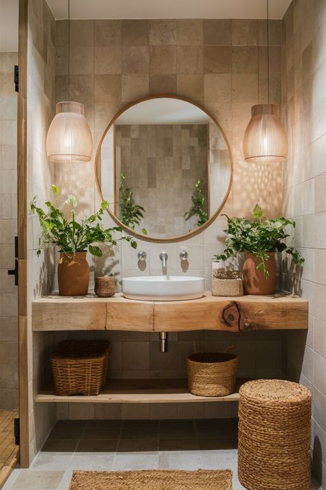 Design an eco-friendly bathroom with terracotta tiles, reclaimed wood accents, and organic woven decor. Add potted plants and neutral tones for a serene, sustainable retreat. #SustainableDesign #EcoFriendlyBathroom #GreenLiving #BathroomGoals #NaturalBathroom #TerracottaTiles #ReclaimedWood #EcoChic #BathroomInspiration #SustainableLiving Bathroom Vanity In Alcove, Mexico Bathroom Design, Earthy Home Aesthetic Bathroom, Tranquil Master Bath, Green White And Wood Bathroom, Neutral Organic Bathroom, Natural Powder Room, Earthy Master Bath, Spanish Bathroom Design