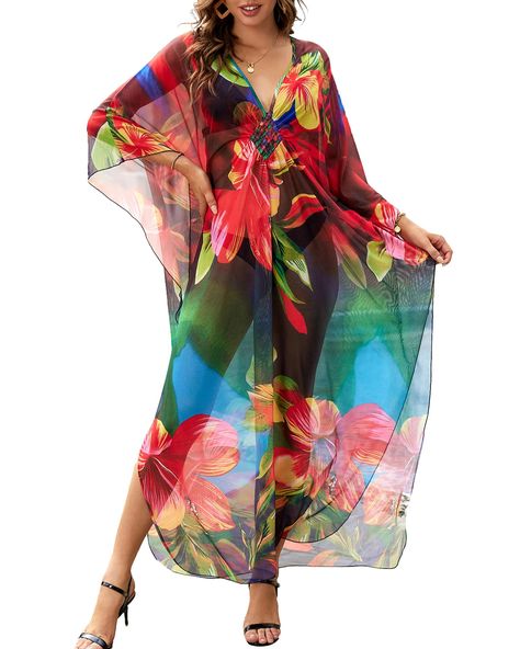 PRICES MAY VARY. One size long bathing suit cover ups for women fit US size M, L, XL, 2XL, 3XL, a relaxed fit for most women's body types. Bust: 57.4" Length: 54.7" This mesh beach long dress is a little sheer, providing full coverage and protection with its lightweight and flowy silhouette that gives you a breezy and comfortable feel. The deep v-neck, batwing sleeves, and side slits add stylish touches to this kaftan swim cover up, and the gorgeous ethnic print makes you appear more elegant and Summer Dress Coverup, Chic Summer Dresses, Beach Coverup Dress, Long Beach Dress, Floral Swimsuit, Swimsuit Dress, Print Swimsuit, Cover Ups, Swimsuit Cover Ups