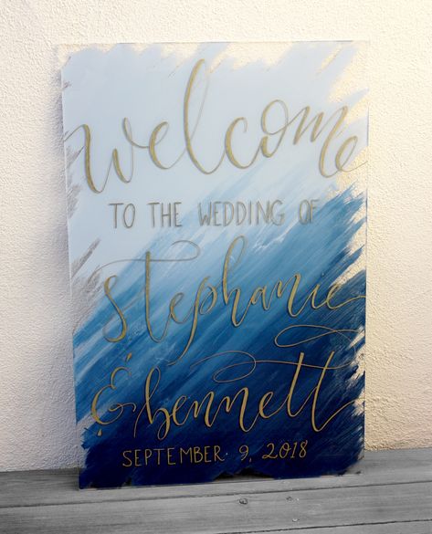 Painted Back Acrylic Sign Diy, Acrylic Signs Diy Birthday, How To Paint Acrylic Signs, Acrylic Signs Diy, Diy Acrylic Sign, Painted Wedding Signs, Dolphin Birthday Parties, Wedding Sign Acrylic, Acrylic Welcome Sign