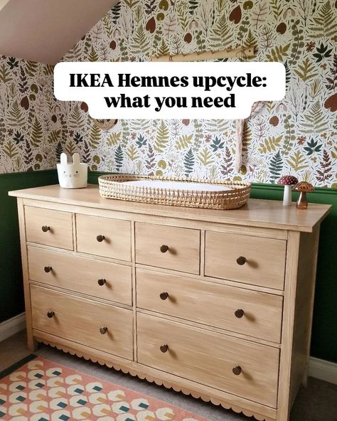 Save this for your IKEA Hemnes upcycle 👆 I had so many people ask me what I used to create the wood effect, so here's all the details: The paint is Maison Deco Refresh in Wood Effect - you can buy it from @robertdyas @lovewilko or @homebase_uk There are two small tubs inside which contain the base and top coat. This was enough to cover the drawers and trim with some paint to spare. The scallop trim is from @dunelmuk and is self-adhesive on the back - I used the smaller size. I'll link ... Hemnes Drawers Hack, Hemnes Upcycle, Ikea Hemnes Nursery, Ikea Hemnes Diy, Ikea Hemnes Dresser Makeover, Hemnes Wardrobe, Hemnes Drawers, Small Tubs, Hemnes Ikea